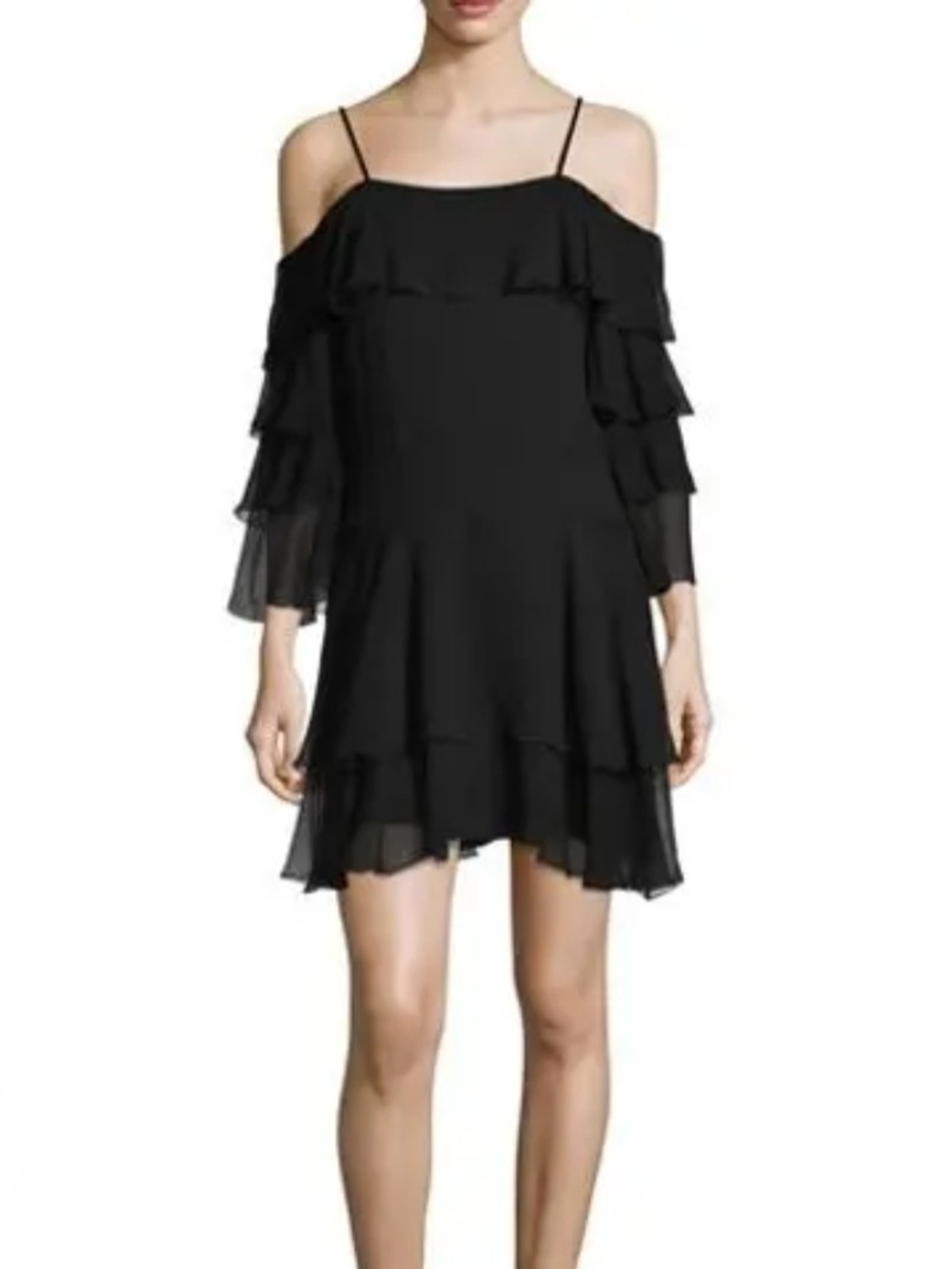 Alice + Olivia Lexis Black Silk Cold Shoulder Ruffle Mini Dress Sz 8 Romantic